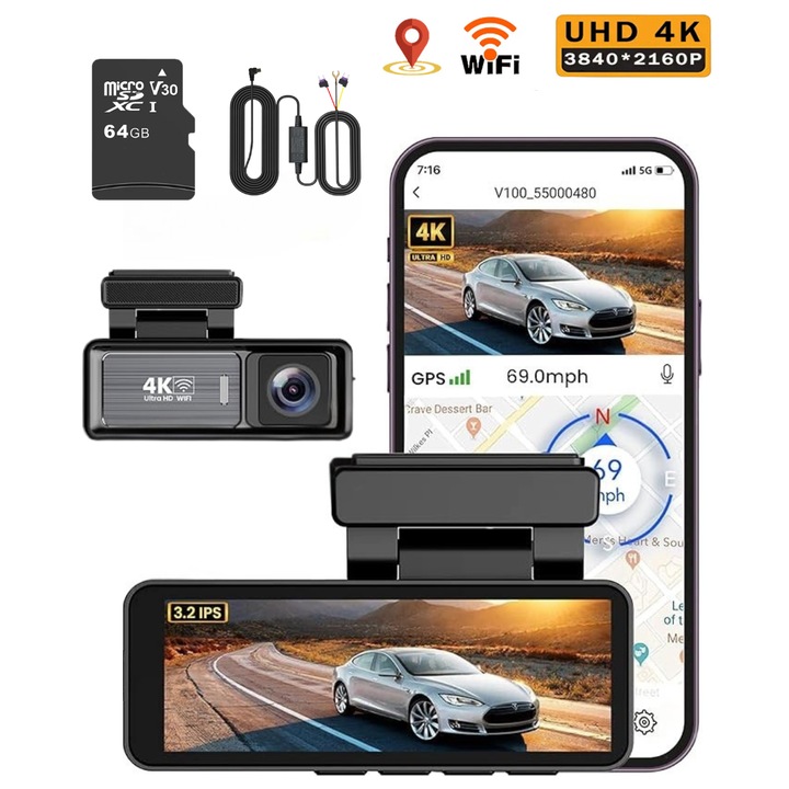 Camera auto de bord DVR QOVU® S5, Full Kit, Single 4K Fata, Card 64GB & Kit monitorizare parcare incluse, Senzor Coliziune, WiFi, Vedere nocturna & Unghi larg filmare 170°, Ecran 3.2"
