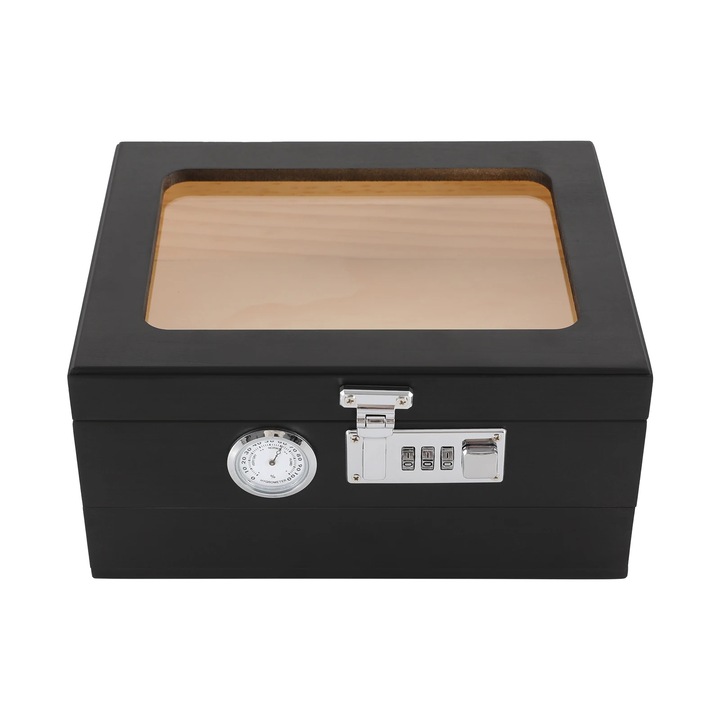 Umidificator pentru trabucuri, design etans, lacat cu combinatie, negru, dimensiuni compacte, capacitate 10-15 unitati