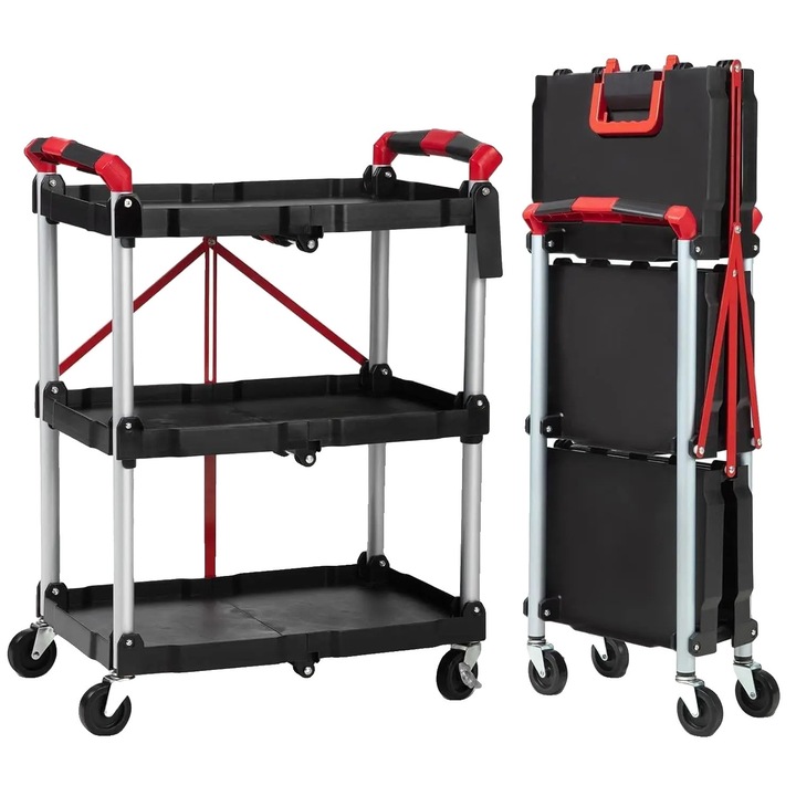 Carucior de transport, 3 niveluri, roti cu blocare, negru, dimensiuni compacte