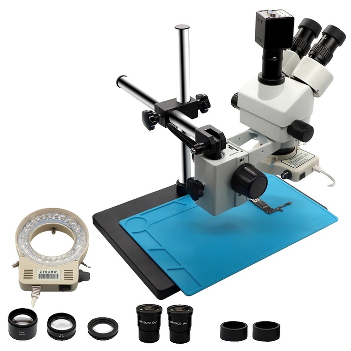 Стерео микроскоп, тринокулярен дизайн, непрекъснат зуум 3.5-90X, камера 2.0 VGA, метал