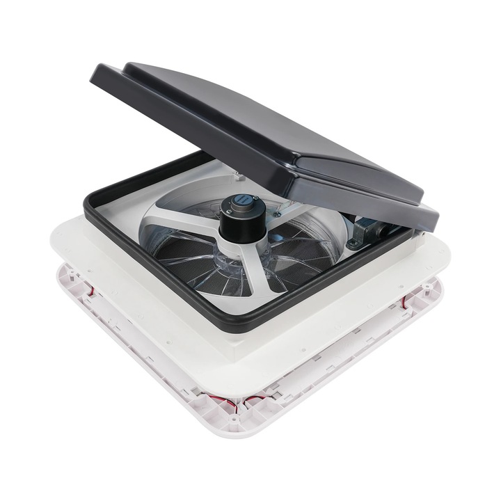 Lakókocsi/autó lakóbusz tetőventilátor, 12V-os tetőablak LED-del, távirányító, 45°C hőmérséklet-érzékelő, 15W 1,2A rézmotor, tetőre szerelhető, 36×36 cm kivágás, fehér