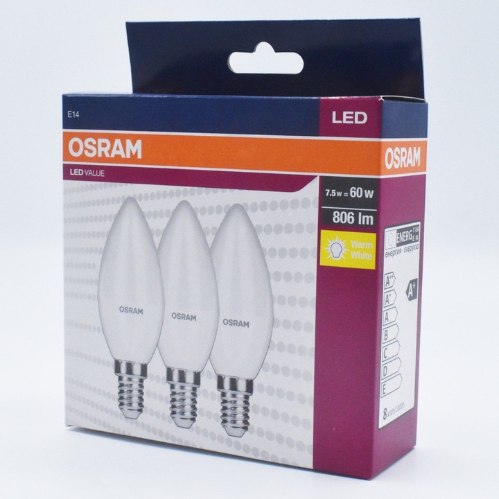 Set 3 becuri LED Osram, 7.5W(60W), E14, 806 lm, lumina calda (2700K), clasa energetica F