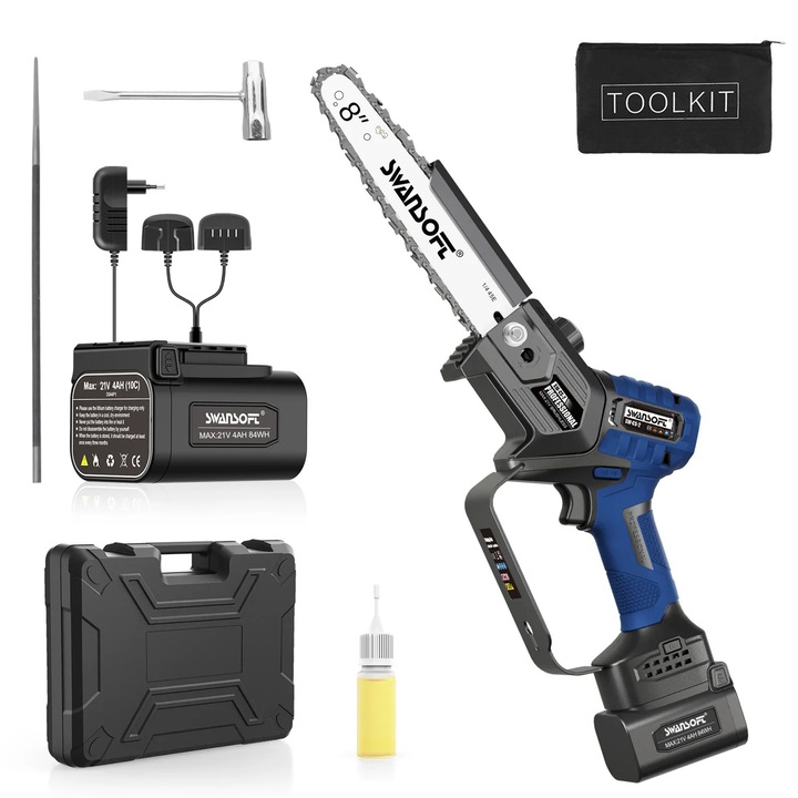 Elektromos láncfűrész, hordozható kialakítás, kefe nélküli motor, két akkumulátor, 19 cm, 1120 g