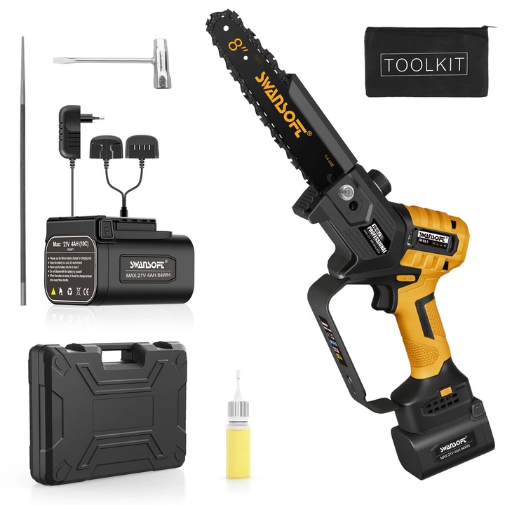 Elektromos láncfűrész, két akkumulátor, szénkefe nélküli motor, sárga, 650W, 8m/s