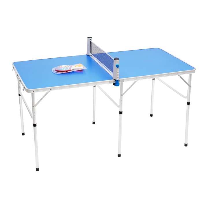 Masa de tenis de masa Ping Pong, Set pliabil 152 x 76 x 76 cm, Portabil, Blat MDF si cadru aluminiu, Include 2 palete si 3 mingi, Albastru