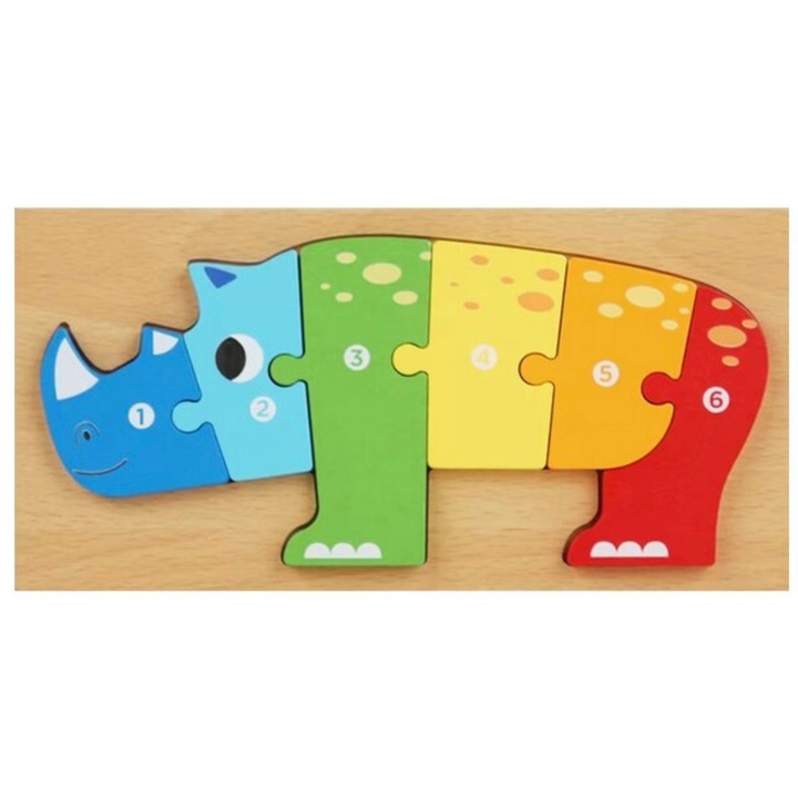 Állatos berakós puzzle, tömör fából – 6 nagy számozott darab, Orrszarvú