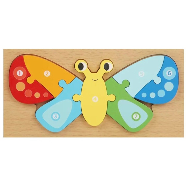 Пъзел за вграждане с животни, от масивно дърво – 7 големи номерирани части, пеперуда