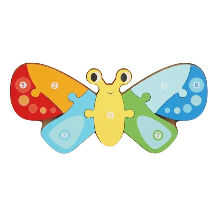 Puzzle, lemn masiv – 7 Piese Mari numerotate, Fluture