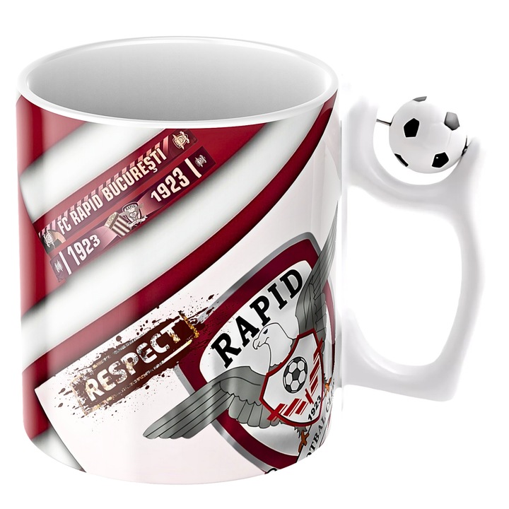 Cana personalizata - FC Rapid Bucuresti, fotbal, suporter, cu minge fotbal, ceramica, 330ml, v7