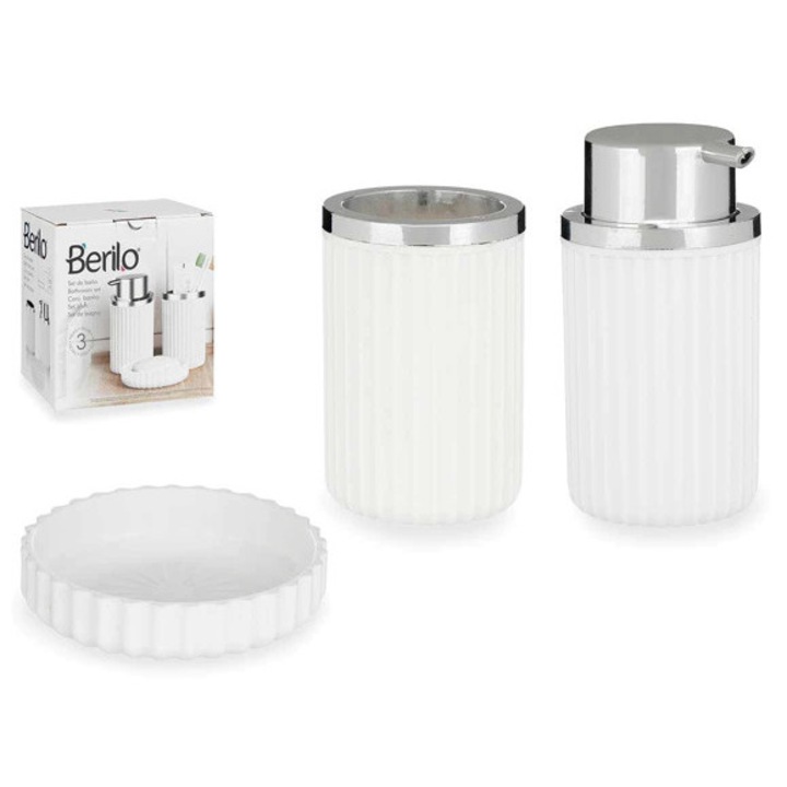 Комплект за баня от 3 части Ava, дозатор, чаша, поставка за сапун, пластмаса, цвят бял