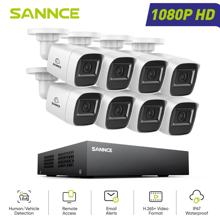 Megfigyelő kamera rendszer, SANNCE, 1080p Full HD, éjjellátó akár 100 lábig, 8 kamerás szett