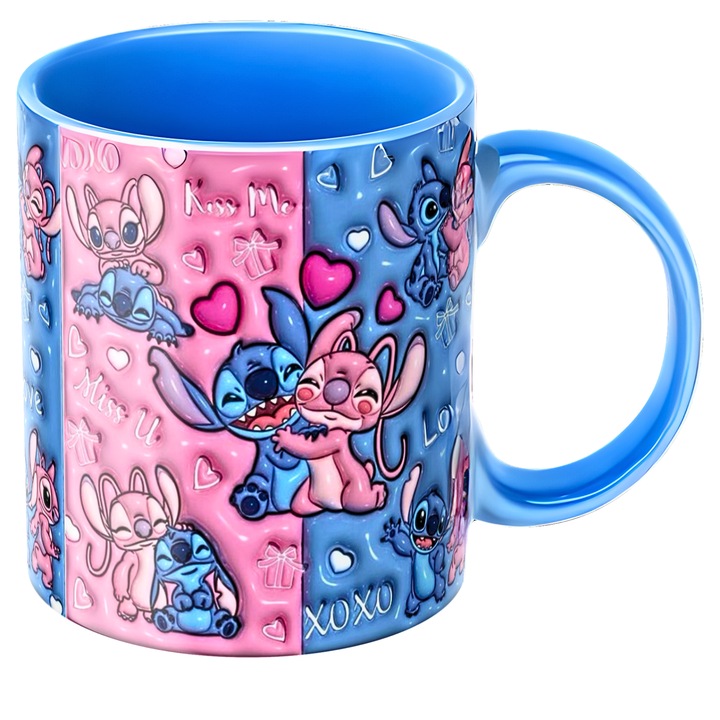 Cana personalizata - Stitch si Angel, albastra, ceramica, 330ml