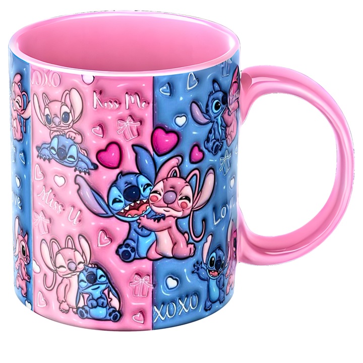 Cana personalizata - Stitch si Angel, roz, ceramica, 330ml