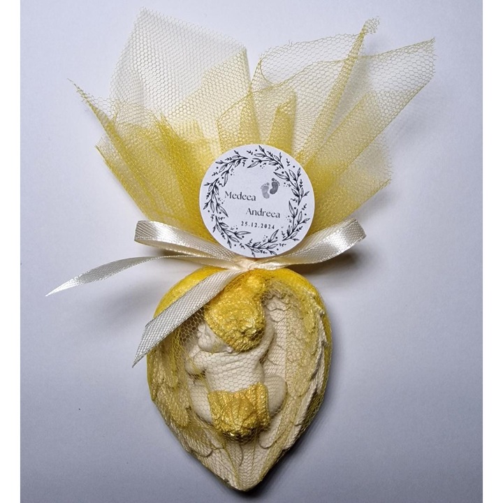 Marturie botez din ipsos in forma de bebelus pe aripi, 8 cm, galben