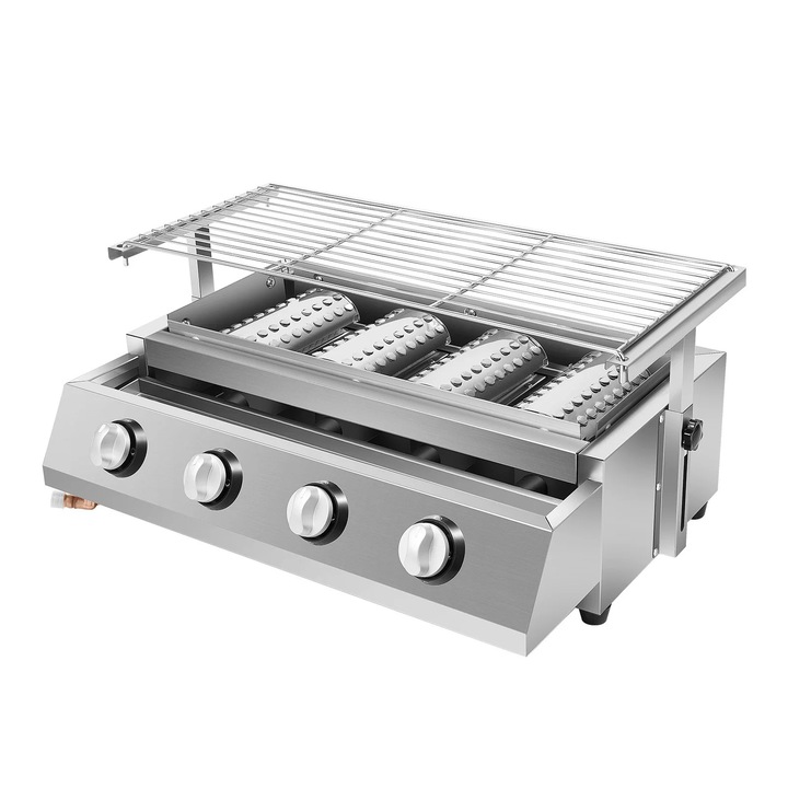 Gratar pe gaz BBQ, 4 arzatoare din otel inoxidabil, cu capac, pentru exterior, terasa si balcon, rezistent la caldura si durabil, argintiu