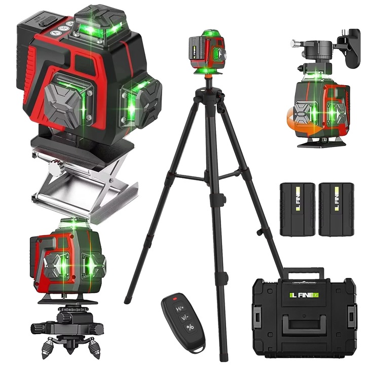 Nivela laser cu trepied, 360 grade, 4 linii laser, autonomie 6 ore, precizie inalta