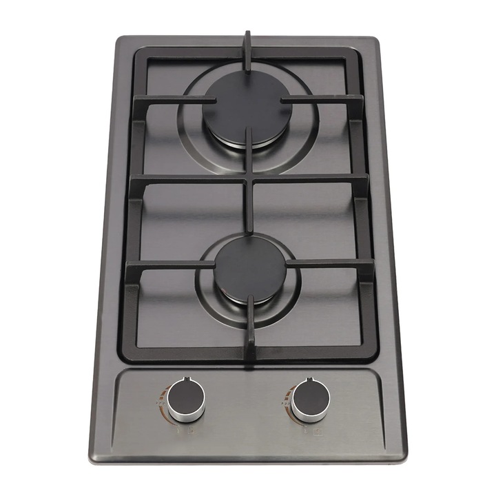 Plita pe gaz pentru autorulota/rulota, Incastrabila cu 2 arzatoare, 3 kW + 1, 75 kW, Montaj la nivel cu blatul, Furtun de gaz 1, 5 m inclus, Negru