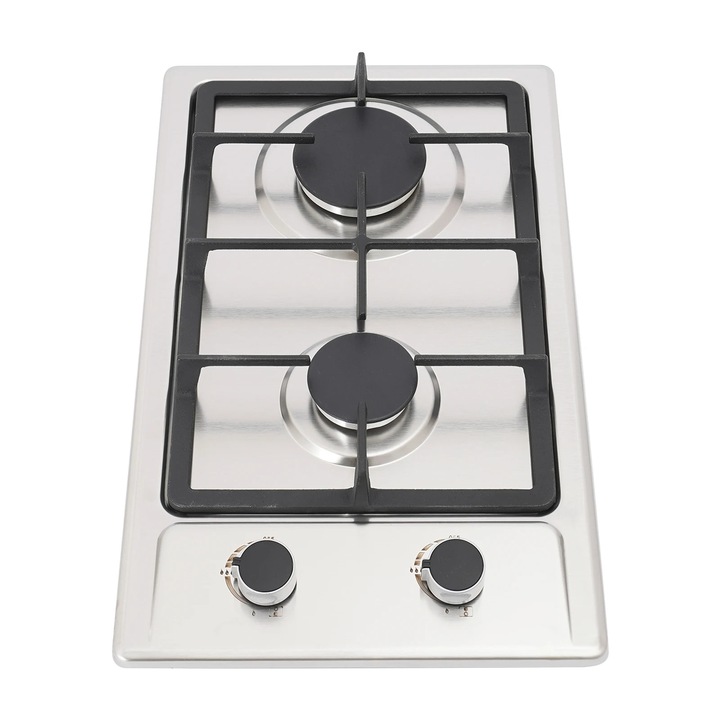 Plita pe gaz pentru rulota, incorporabila 2 arzatoare, 3 kW + 1, 75 kW, montaj la nivelul blatului, furtun de gaz 1, 5 m, argintiu