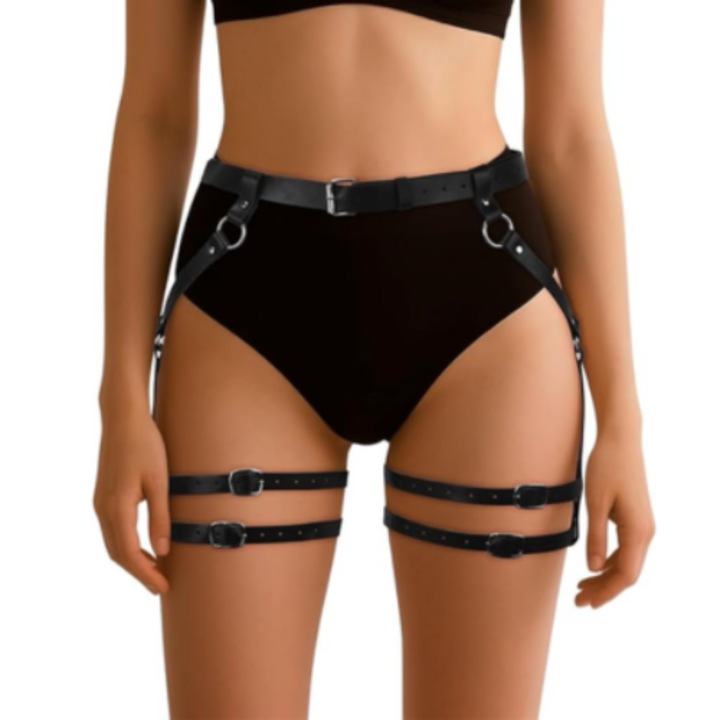 Set de chiloti sexy, stil gotic cu ham, piele ecologica, ajustabili, negri