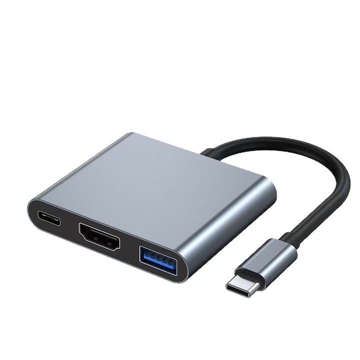 Adaptor 3-in-1 USB Type C, 4K HDMI, USB 3.0, incarcare PD, gri, 13cm