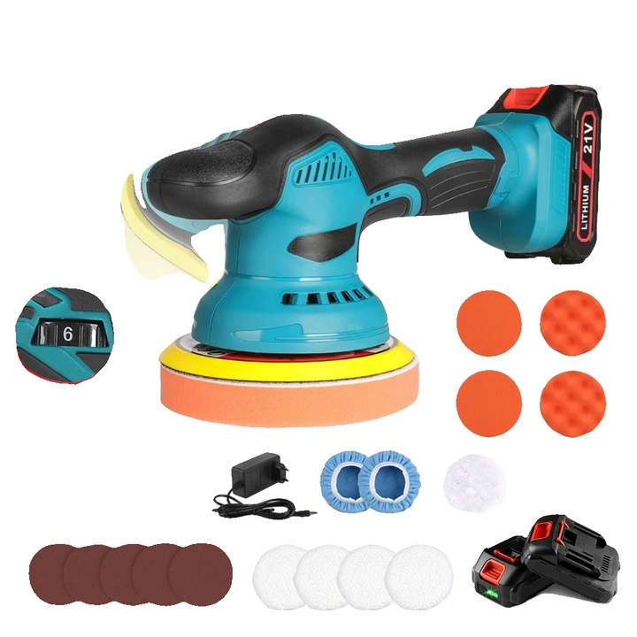 Masina de polisat, 6 viteze, design cu vibratii excentrice, 2 baterii, cordless