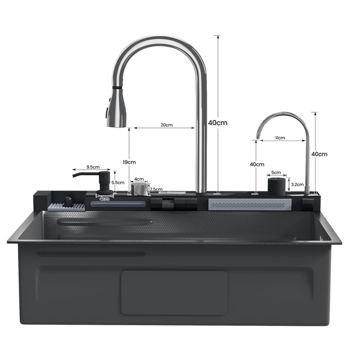 Chiuveta bucatarie, design spatios, display digital inteligent, o singura cuva, 75x46cm