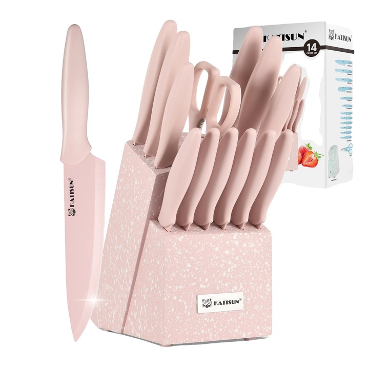 Set de cutite, carbon steel, manere ergonomice, roz, 14 piese