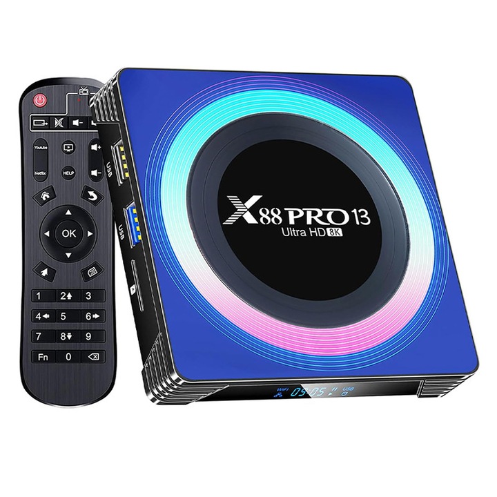 Mediaplayer, Rqiurpn, X88 PRO 13, Android 13.0, 8K, 4GB RAM, 64GB stocare, 100M Ethernet, Wi-Fi 6, Bluetooth 5.0, Negru