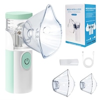 Nebulizator portabil, 3 setari de putere, functionare silentioasa, alimentat de la retea sau baterie, include masca faciala si piesa bucala, potrivit pentru copii si adulti, verde