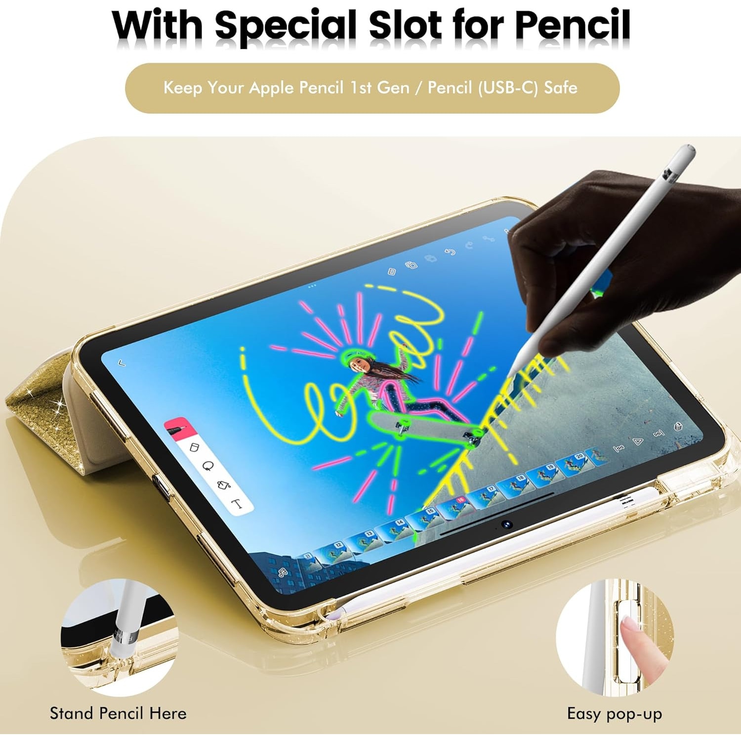 Husa de protectie pentru tableta, potrivita pentru iPad 10th 10.9" 2022/iPad (A16) 11th 2025, functie automata trezire/sleep, cu tava pentru stilouri, golden