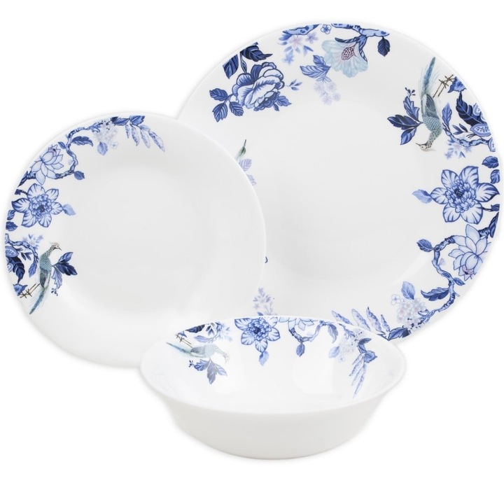 Set de cină Gierekhoff Bestler 24 piese, farfurii și căni albe pentru 6 persoane, floral albastru