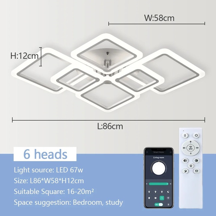 Lustra cu 6 brate, LED dimabil, control de la distanta, design modern, alb