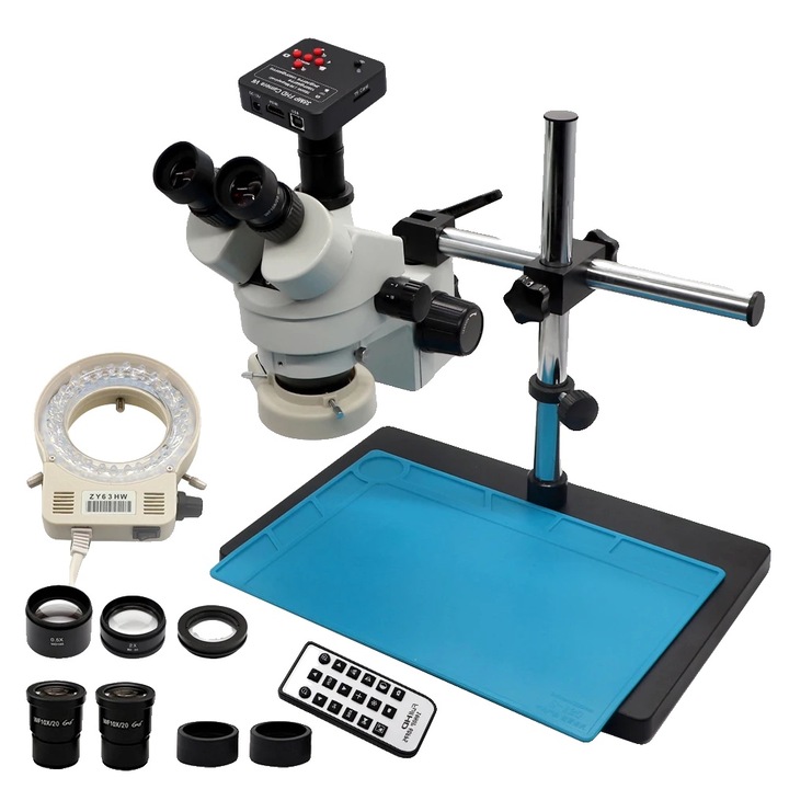 Стерео микроскоп, тринокулярен дизайн, непрекъснат зуум 3.5-90X, 38MP HDMI, LED осветление
