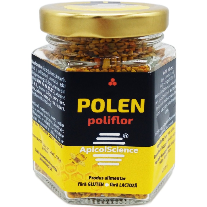 Polen poliflor pur granule, 100%natural fara aditivi, "Tonic, Energizant, Hepatoprotector, Imunizant, Detoxifiant", borcan sticla, 120g, Apicol Science