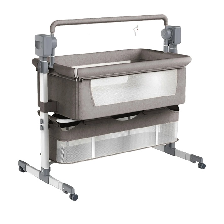 Patut bebe, design pliabil, functie de muzica Bluetooth, gri deschis, pentru nou-nascuti si sugari pana la 2 ani