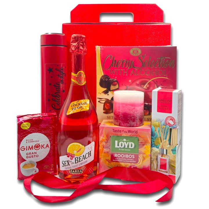 Pachet cadou asortat, CADOURI PREMIUM®, model Red Cocktail, cu Zarea Cocktail Sex on the Beach, praline de ciocolata, cafea, ceai Loyd si accesorii parfumate