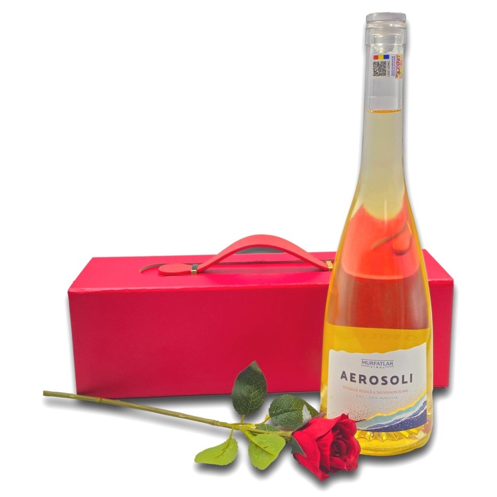 Pachet cadou original, CADOURI PREMIUM®, model Aerosoli White, cu vin alb Aerosoli, trandafir artificial si cutie cadou premium