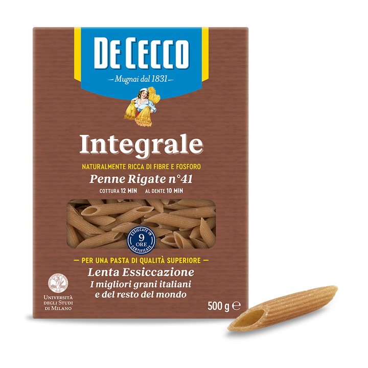 Paste integrale De Cecco, Penne Rigate nr. 41, 500 g