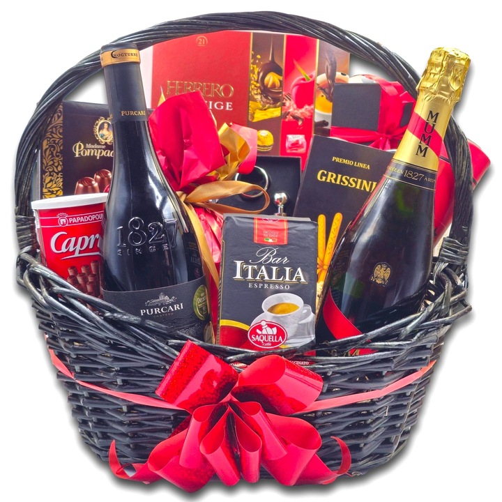 Cos cadou de lux, CADOURI PREMIUM®, model Grande Regalo, cu sampanie G.H.Mumm, vin Purcari Nocturne Rara Neagra, praline Ferrero, cafea premium Bar Italia si o selectie de dulciuri rafinate alaturi de accesorii gourmet elegante
