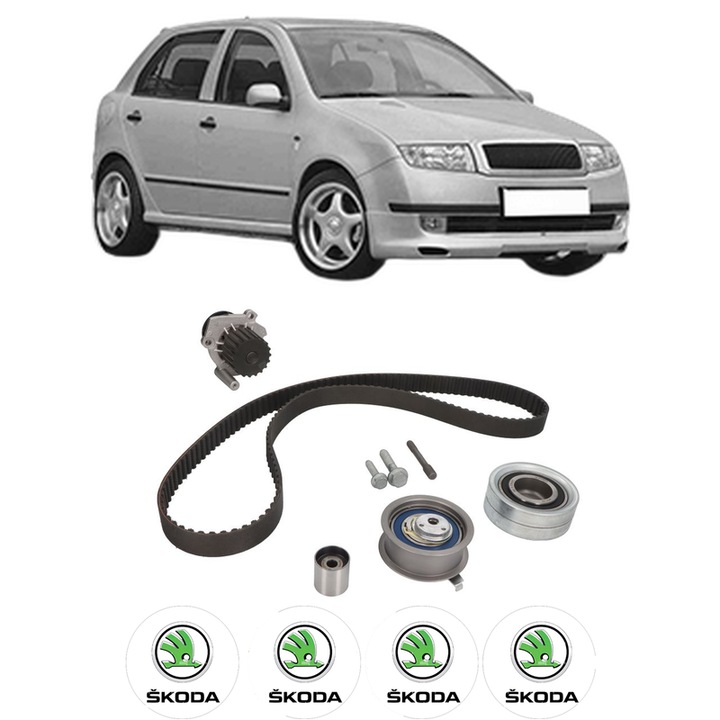Set Kit de distributie curea intinzator pompa de apa SKODA FABIA I (6Y2) 1.9 SDI din 1999-2008, KW 47 CP 64 CMC 1896, Auto, INA, 4x Stickere auto cu SKODA