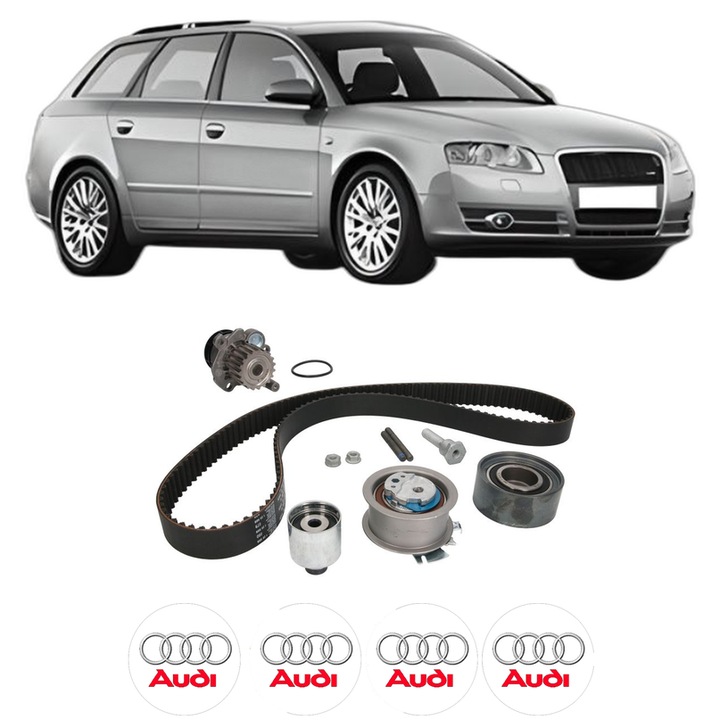 Set Kit de distributie curea intinzator pompa de apa AUDI A4 B7 Avant (8ED) 2.0 TDI din 2006-2008, KW 125 CP 170 CMC 1968, Auto, INA, 4x Stickere auto cu AUDI