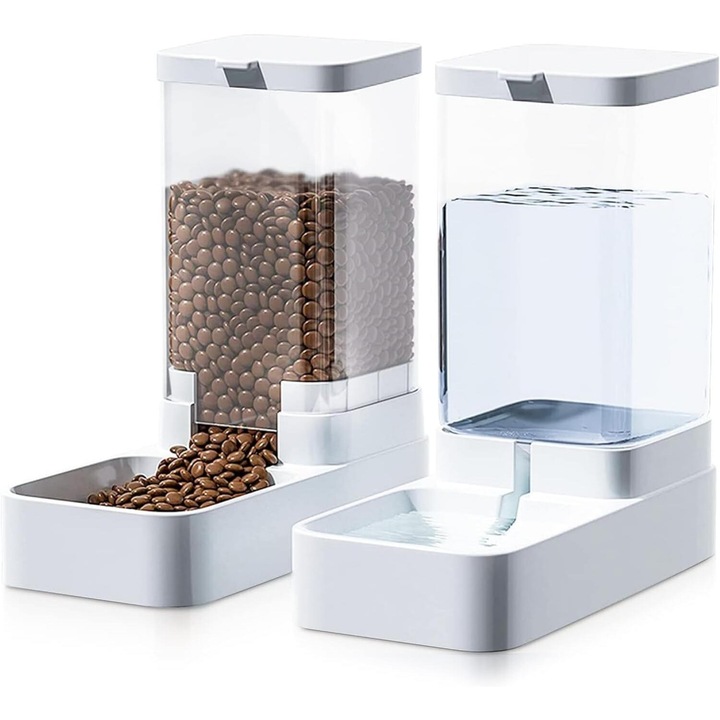 Комплект от 2 дозатора за храна и вода, Leccik, за домашни любимци, 3.8 л/2.1 кг, бял