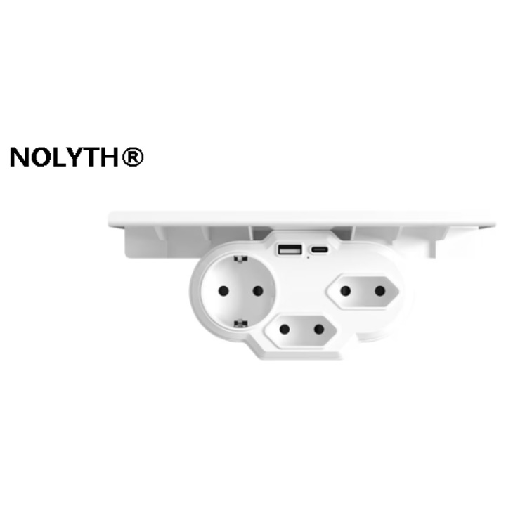 Европейски стенен контакт, Nolyth, с вградена поставка за телефон, 1 x USB, x 1 Type-C, бял
