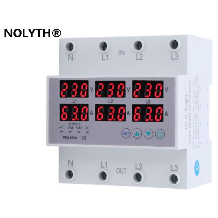 Releu de tensiune, Nolyth, reglarea supratensiunii curente, 63 A, 4P, resetare automata, voltmetru, ampermetru