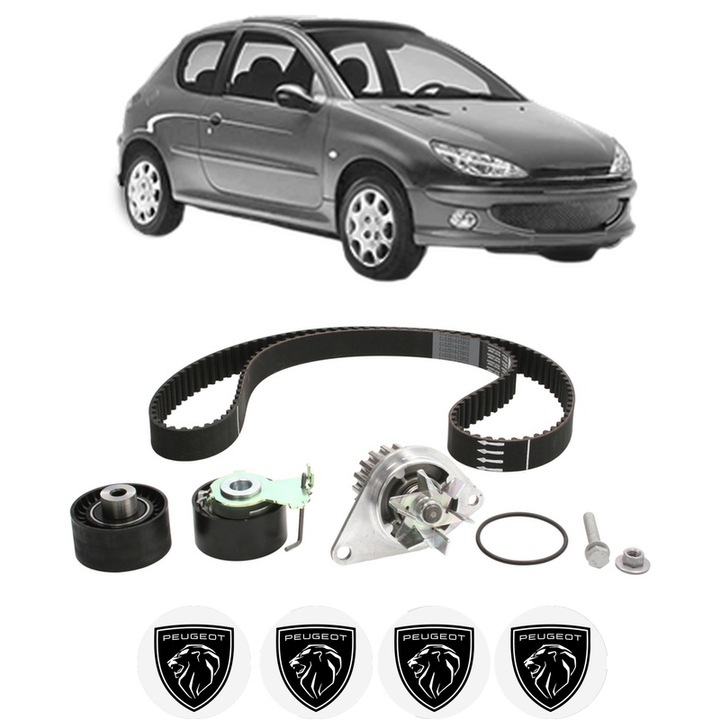 Set Kit de distributie curea intinzator pompa de apa PEUGEOT 206 Hatchback (2A/C) 1.4 16V2003-2008, KW 65 CP 88 CMC 1360, Auto, HEPU, 4x Stickere auto cu PEUGEOT