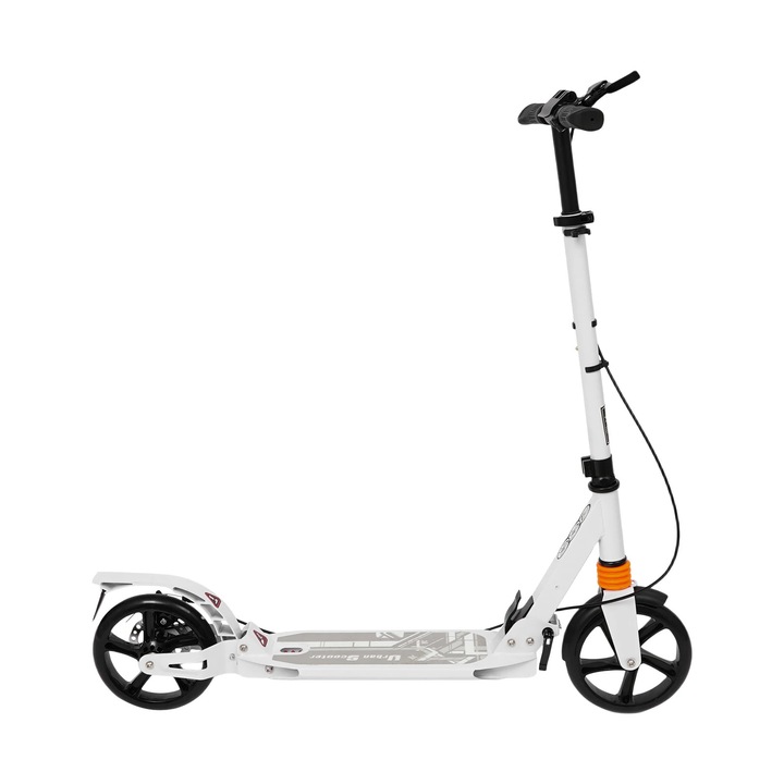 Összecsukható roller, kick scooter, maximális terhelhetőség 100 kg, állítható magasság 3 fokozatban, dupla fék, csúszásgátló markolat, PU kerekek, fehér
