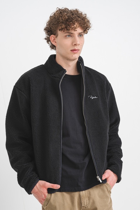Pegador, Jacheta lejera din material teddy cu guler mediu, Negru
