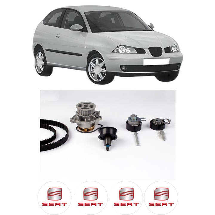 Set Kit de distributie curea intinzator pompa de apa SEAT IBIZA III (6L1) 1.4 16V din 2002-2007, KW 55 CP 75 CMC 1390, Auto, HEPU, 4x Stickere auto cu SEAT
