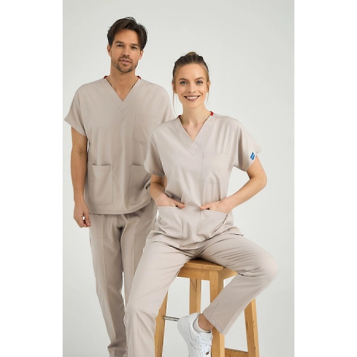 Costum medical unisex, Pozitif Üniforma, lycra, 2 piese, Bej, M, confort maxim, elastic