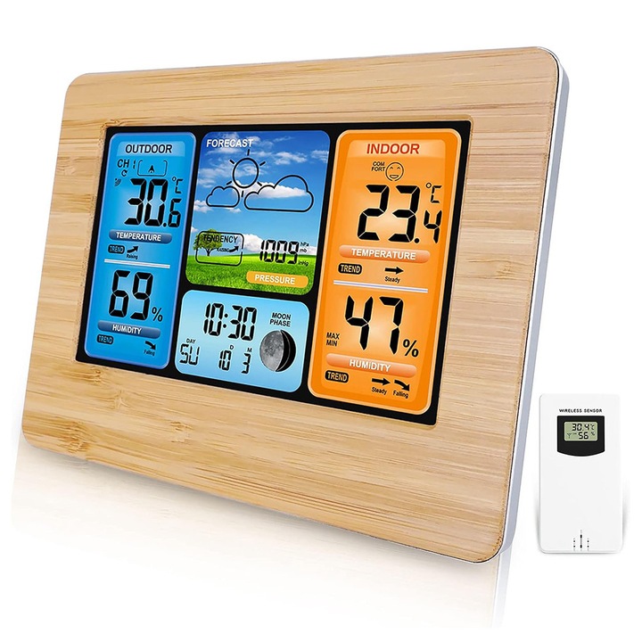Statie meteo digitala, wireless, cu senzor exterior, BOMSTOM, cu ora, data, temperatura, umiditate, barometru, alarma, 167 x 129 x 30 mm